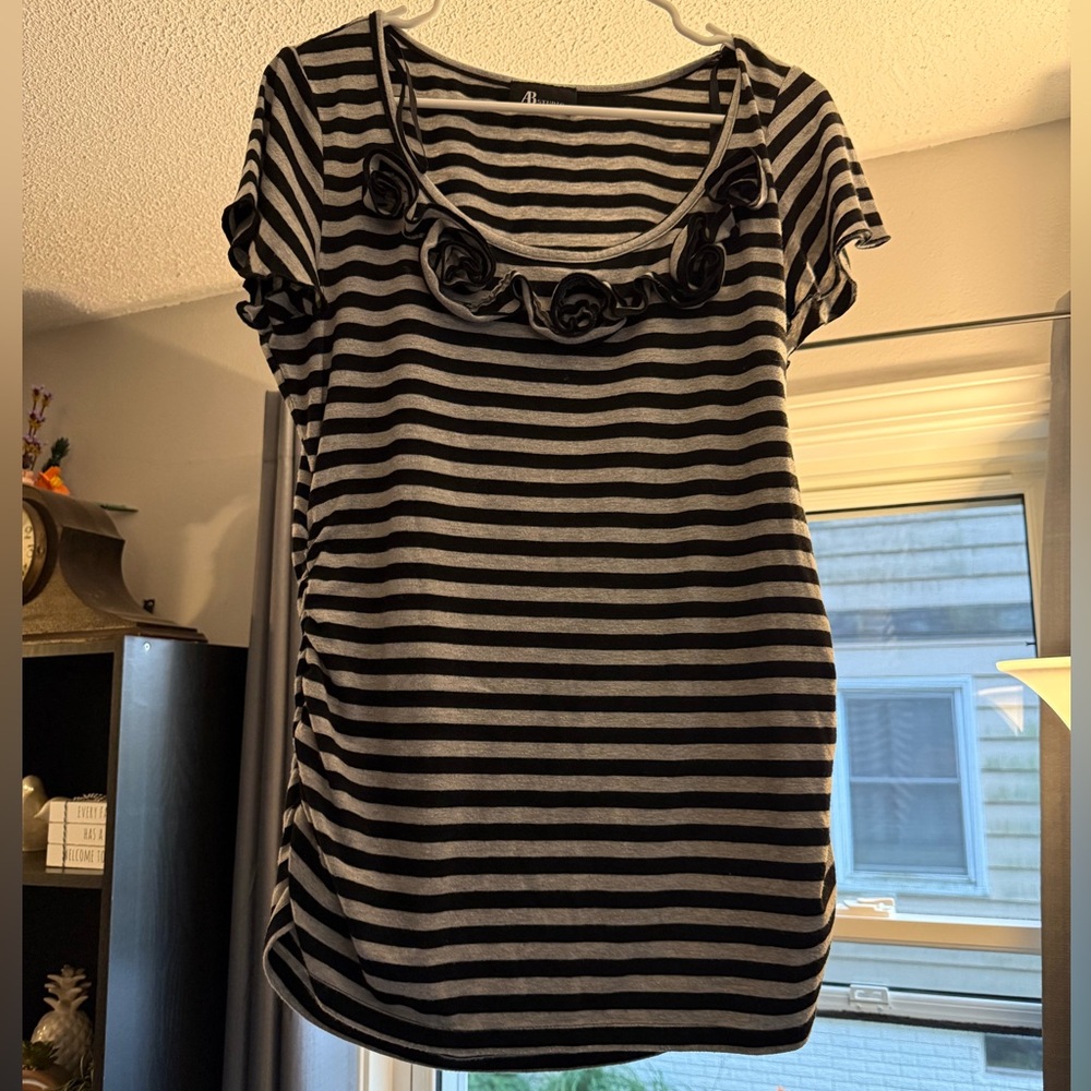 AB Studio Black and Gray Striped Short Sleeve Top